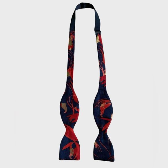 VTG Georgina Von Etzdorf Bird Floral Silk Self Tie Bow Tie Navy Red England RARE - Picture 14 of 16